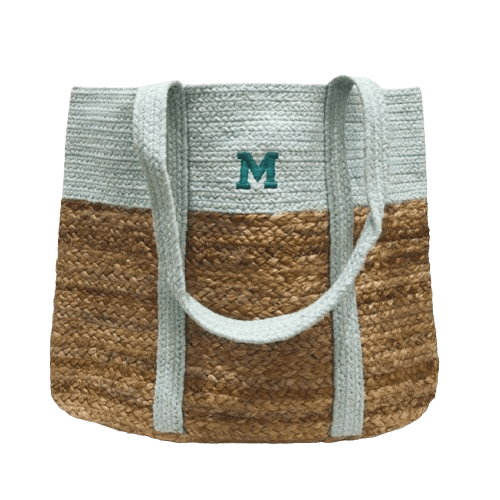 LIGHT BLUE JUTE AND COTTON SHOPPER TOTE BAG