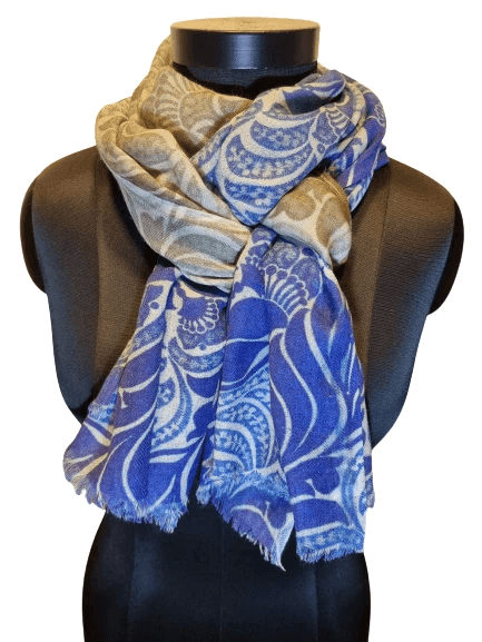 BLUE WHITE AND BEIGE WOOL SILK SCARF
