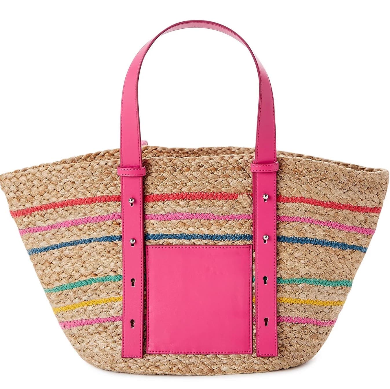 JUTE TOTE BAG WITH PINK MULTI LEATHER HANDLE AND POCKET