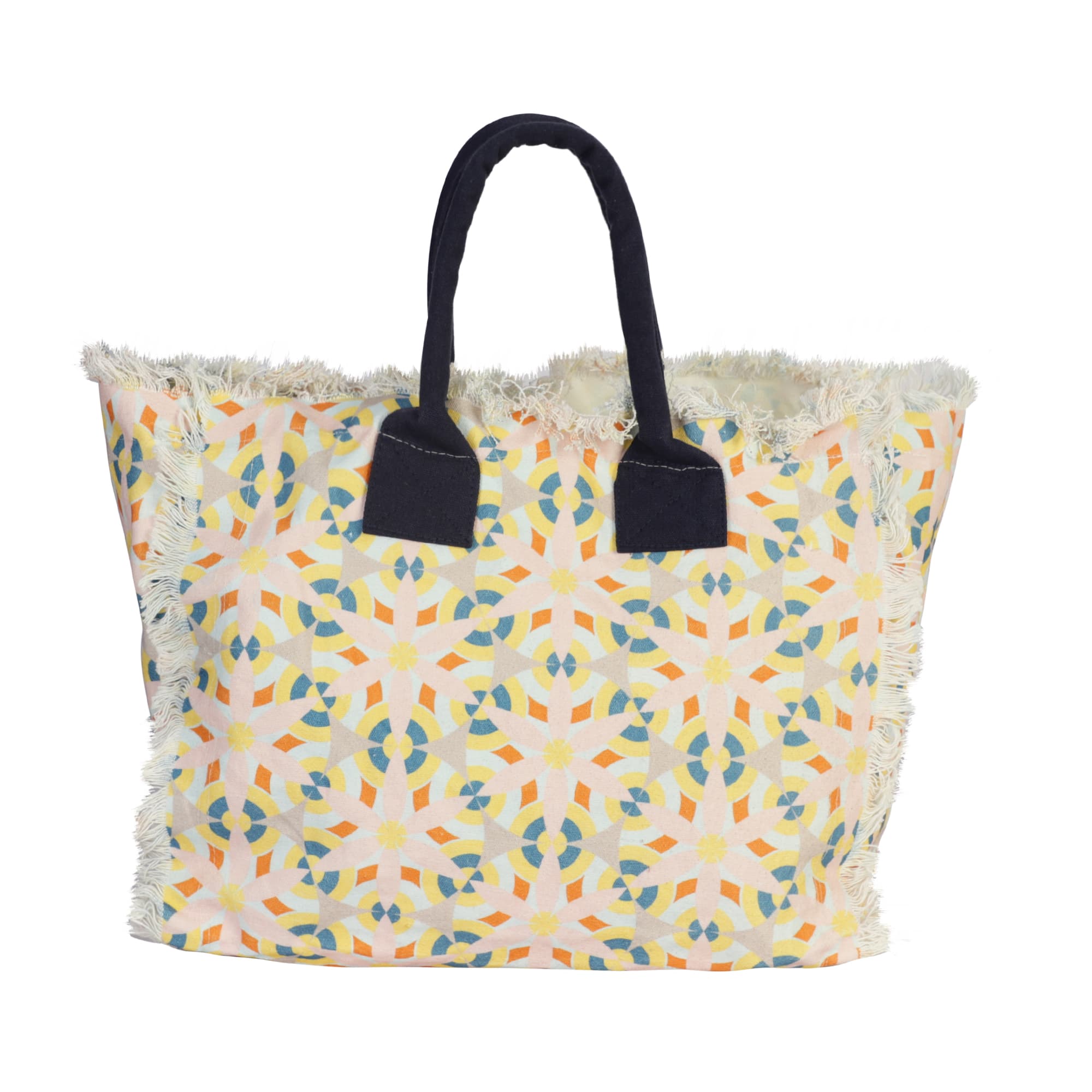 Geometric Bloom Print Cotton Canvas Fringe Tote Bag
