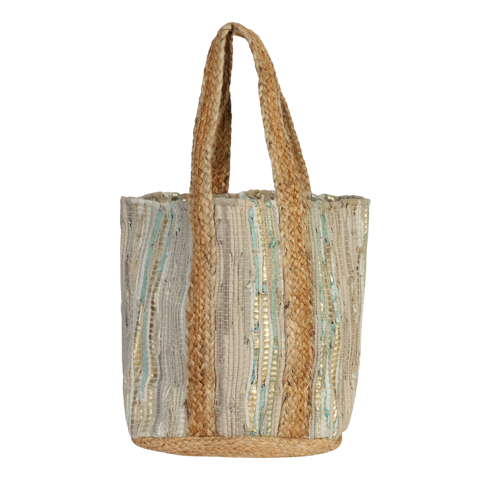 GREY TURQ GOLD RECYCLED LEATHER BEACH BAG