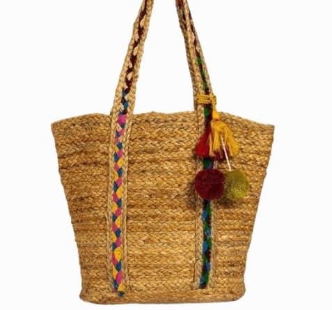 JUTE TOTE BAG WITH POM POM AND TASSELS