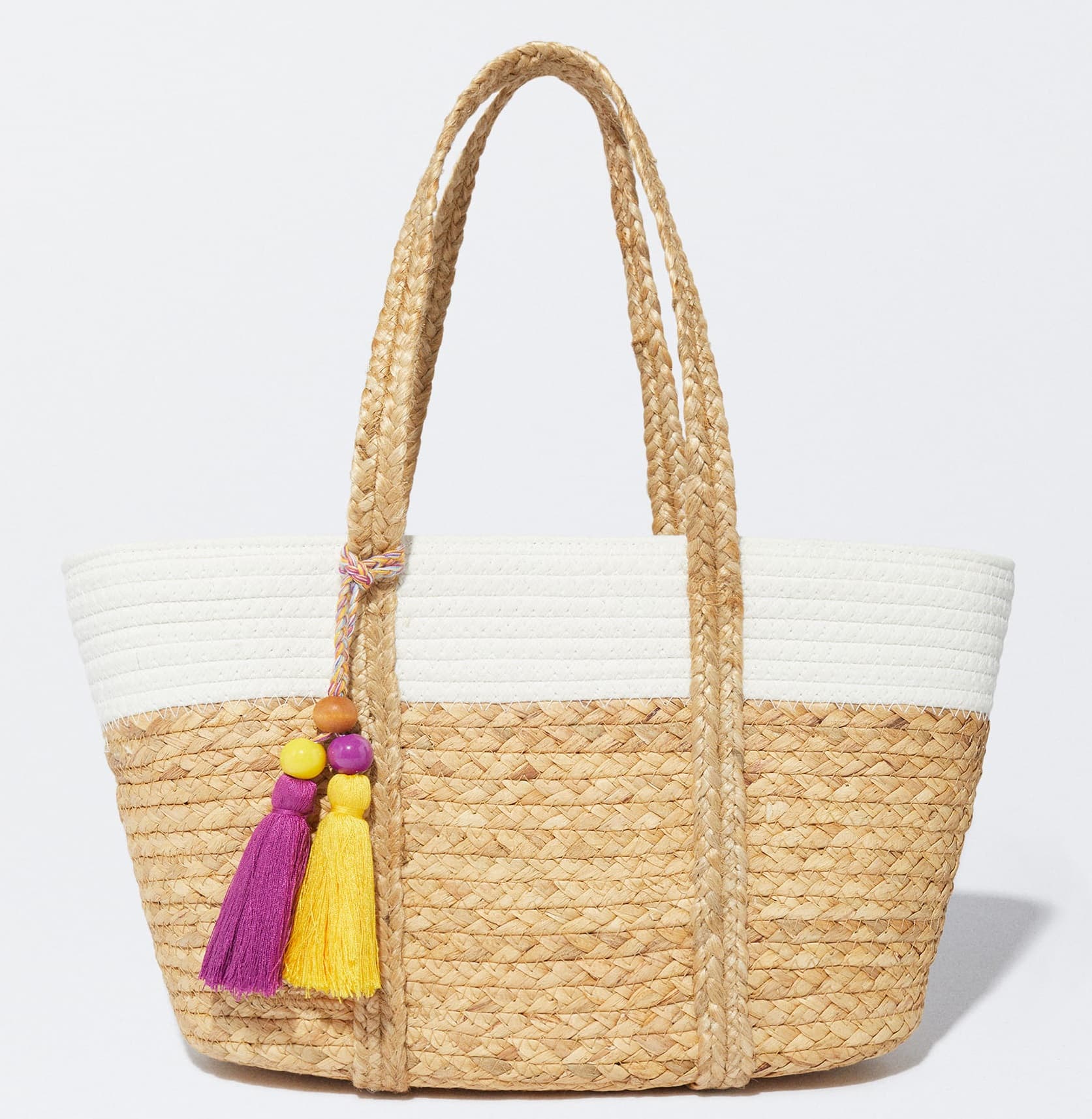 COTTON AND STRAW TOTE BAG WITH TASSEL