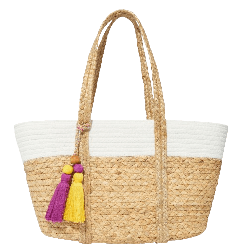 COTTON AND STRAW TOTE BAG WITH TASSEL