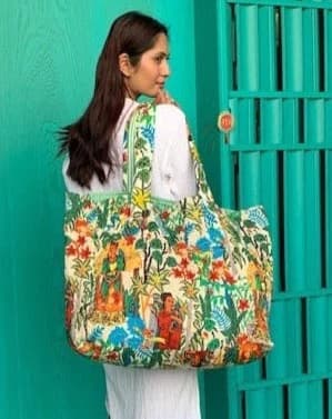 COTTON BLOCK PRINT BEACH BAG