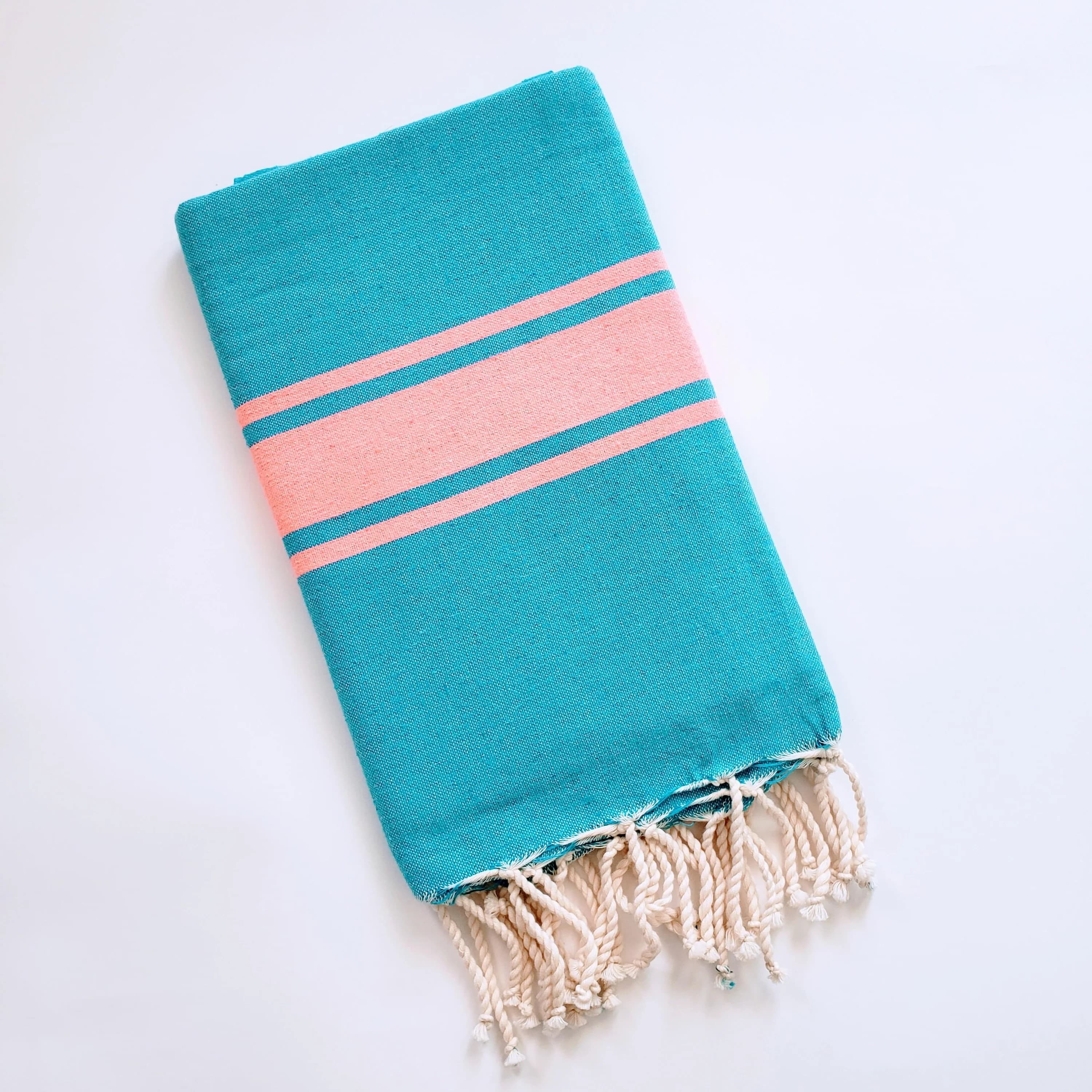 DIVISHA AQUA WITH PINK STRIPES TURKISH TOWELS