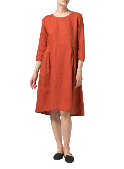 BURNT ORANGE LINEN EMPIRE WAIST MIDI DRESS