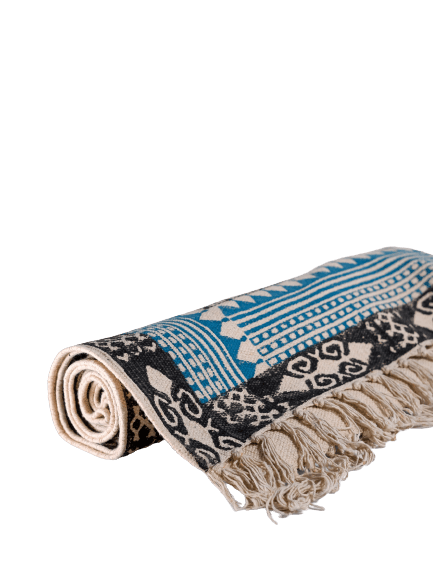 INDIAN DHURRIE  BLUE AND BLACK TRADITIONAL BLOCK PRINTED COTTON RUG