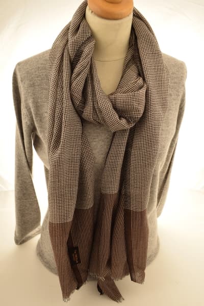 Kashmir Mocha Check Merino Wool & Silk Scarf