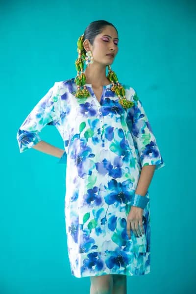 Water Petal Print Tunic Classic Dress Linen Multi