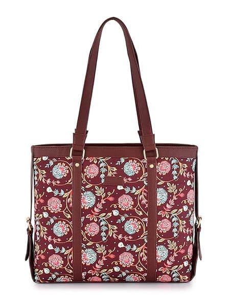 Maroon Base Floral print canvas pu tote bag