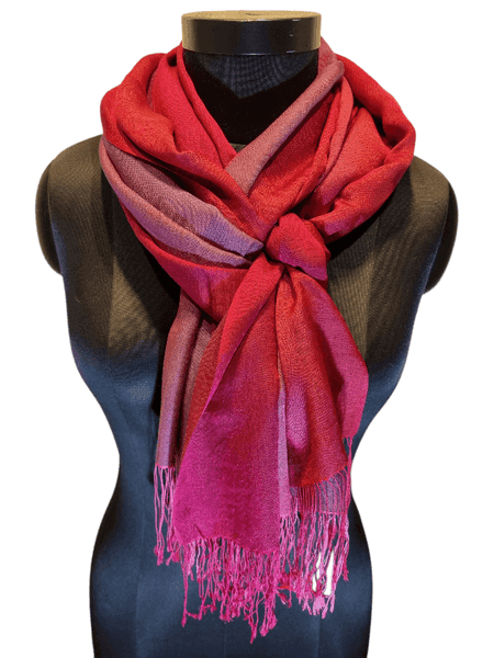 Mulberry silk cashmere scarf in fuchsia, red and burgundy colors
