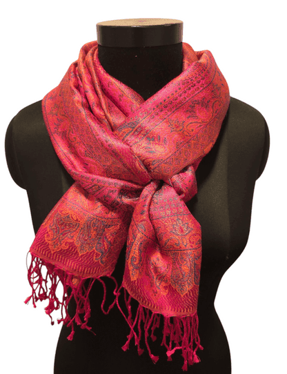 Jacquard-woven cerise-colored silk scarf