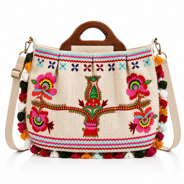 Bohemian Flora Wood Handle Tote