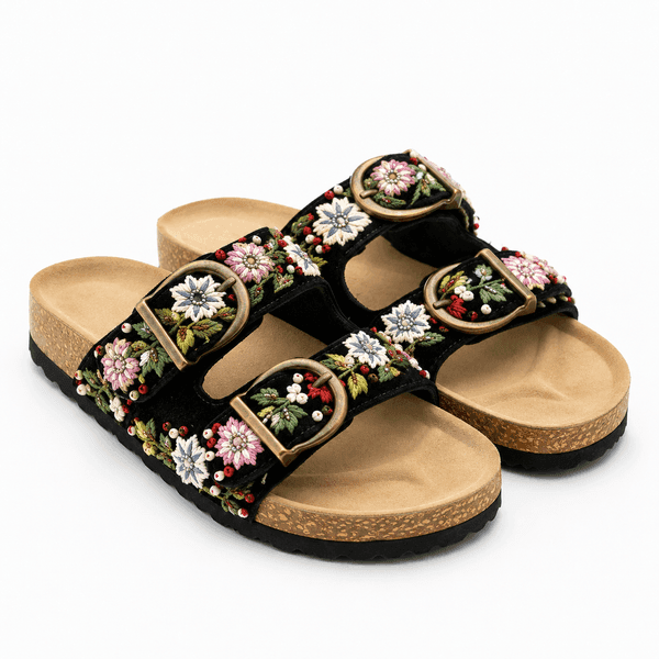 Midnight Blossom Embroidered Comfort Slides