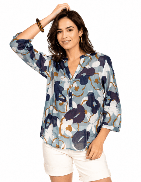 Santoline Bleu Mandarin Collar Cotton Tunic