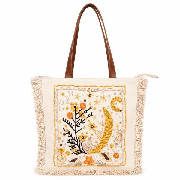 Handcrafted Celestial Moon Glass Bead Embroidered Cotton Tote Bag