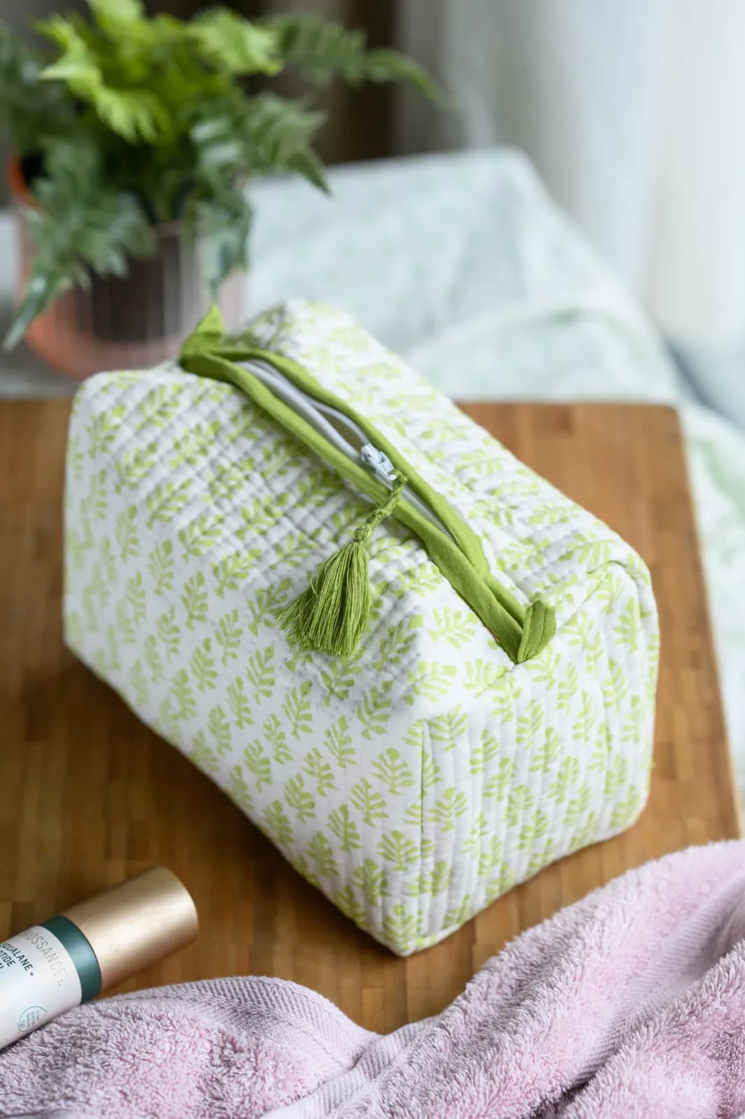 Light Green BootI Cotton Block Print Wash Bag 
