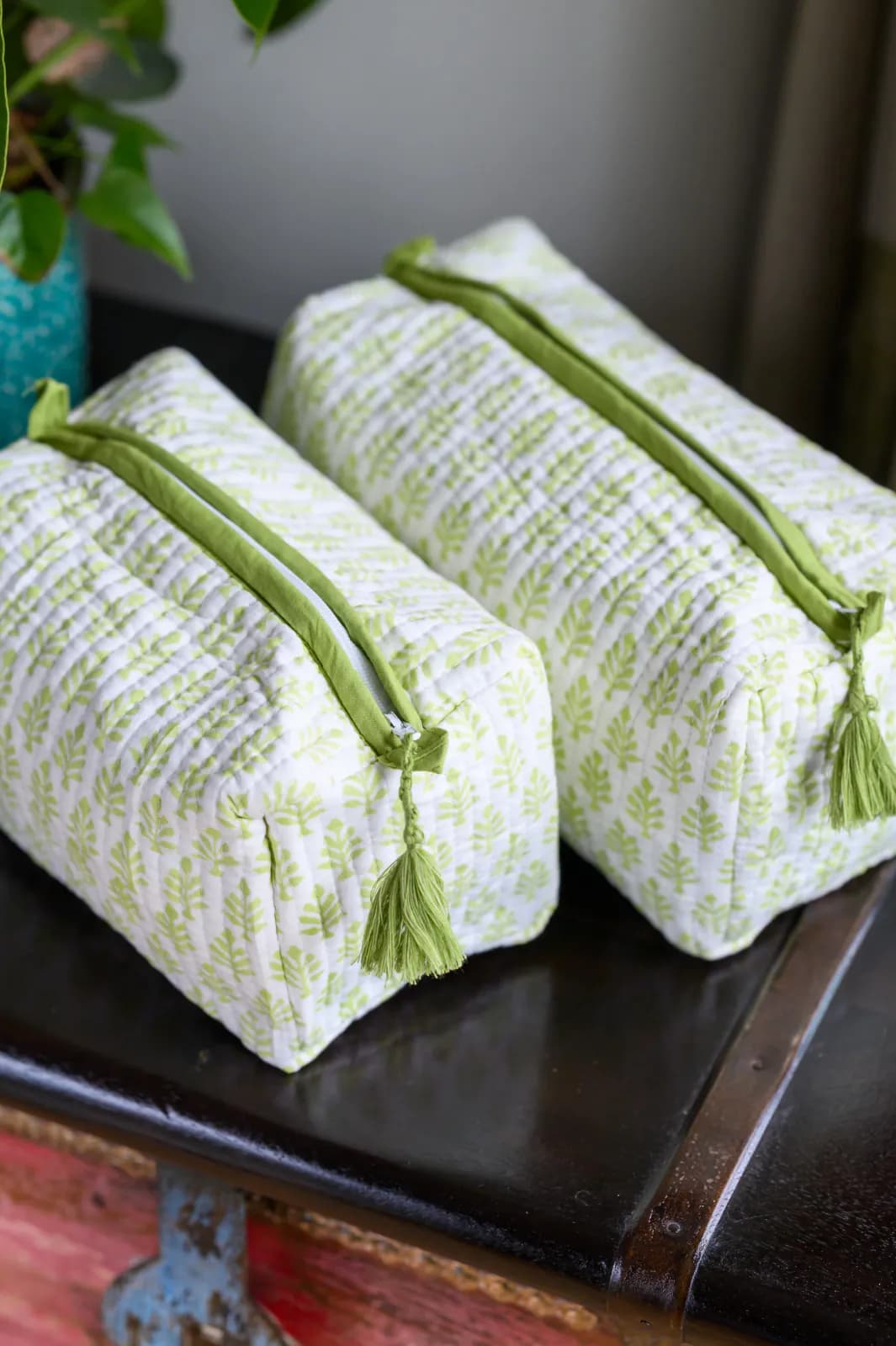 Light Green BootI Cotton Block Print Wash Bag 
