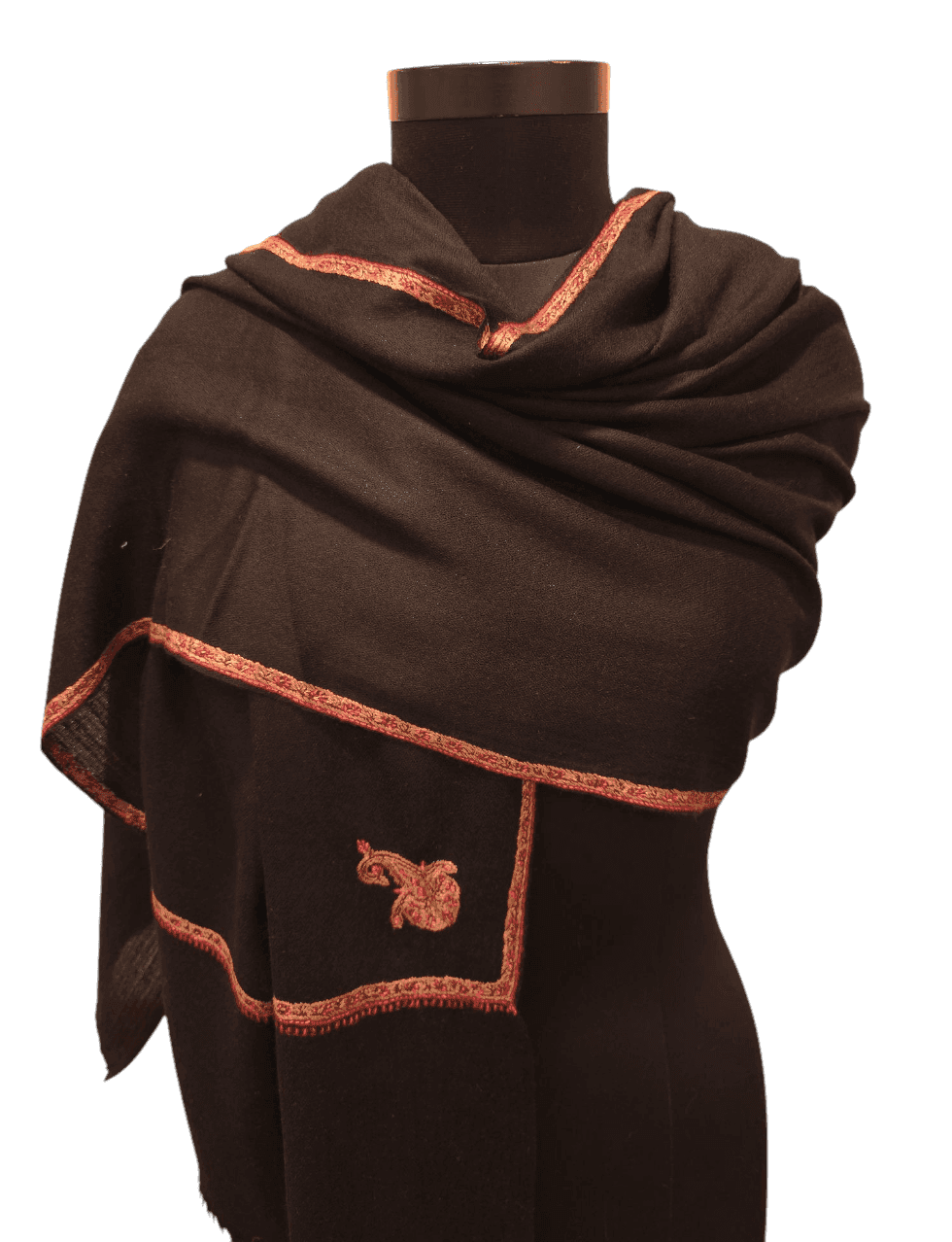 Edge-embroidered black cashmere/merino shawl