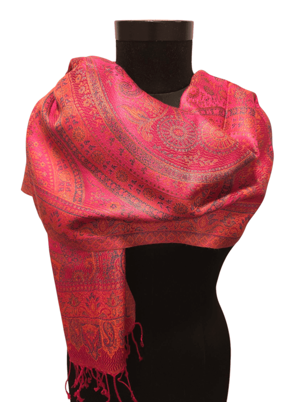 Jacquard-woven cerise-colored silk scarf
