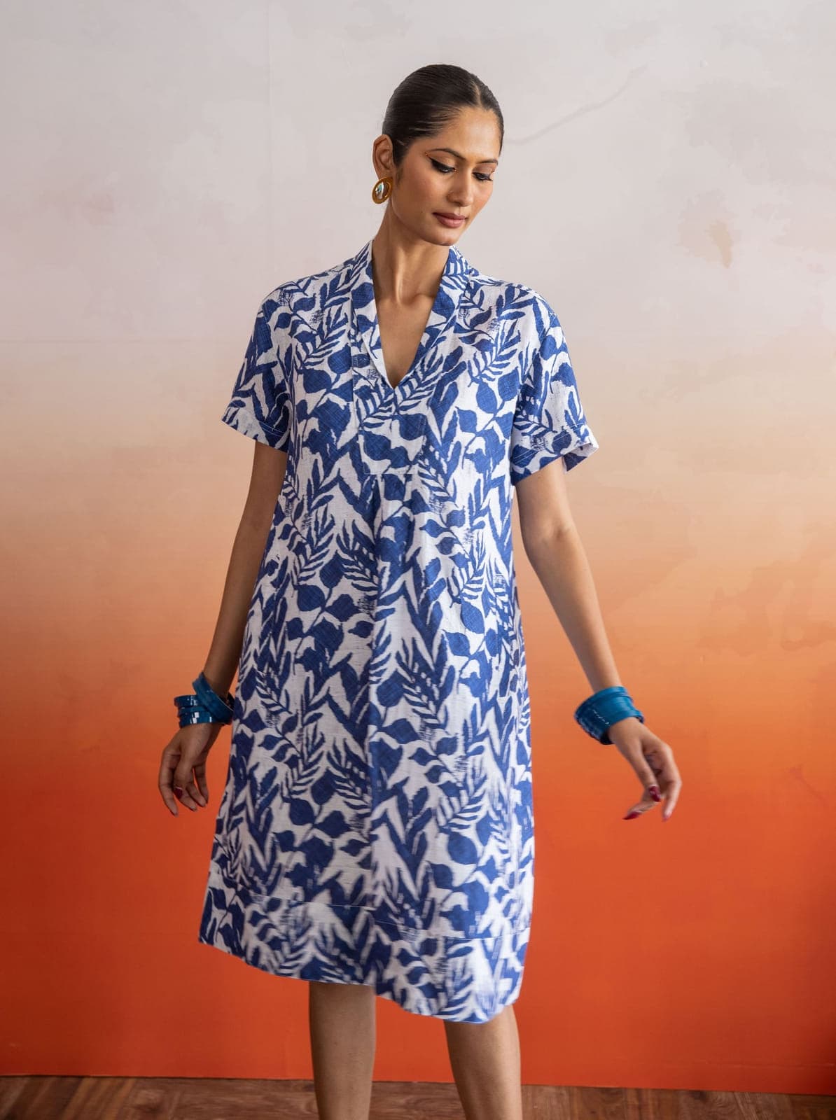 Elodie Short Sleeve Lino Print Tunic Dress Linen - Blue