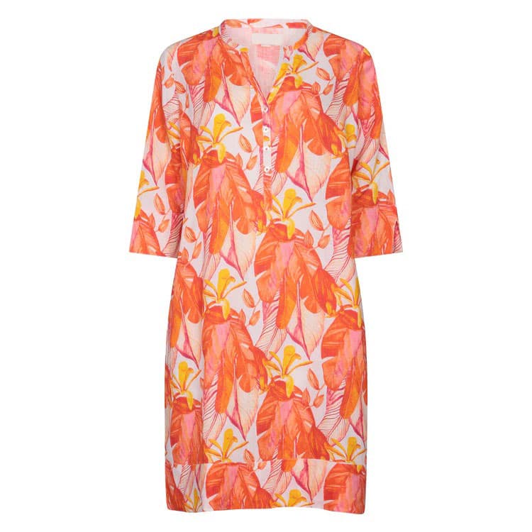 PRINTED LINEN TUNIC DRESS CITRUS FLOWER ORANGE WHITE