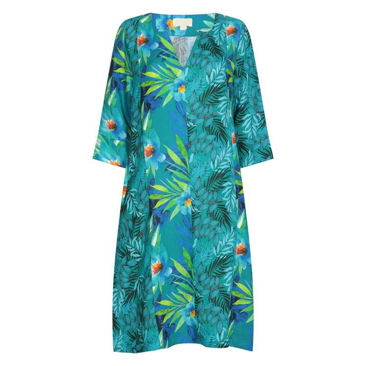 PERSIAN LEAF ZEN MIDI DRESS LINEN BLUE