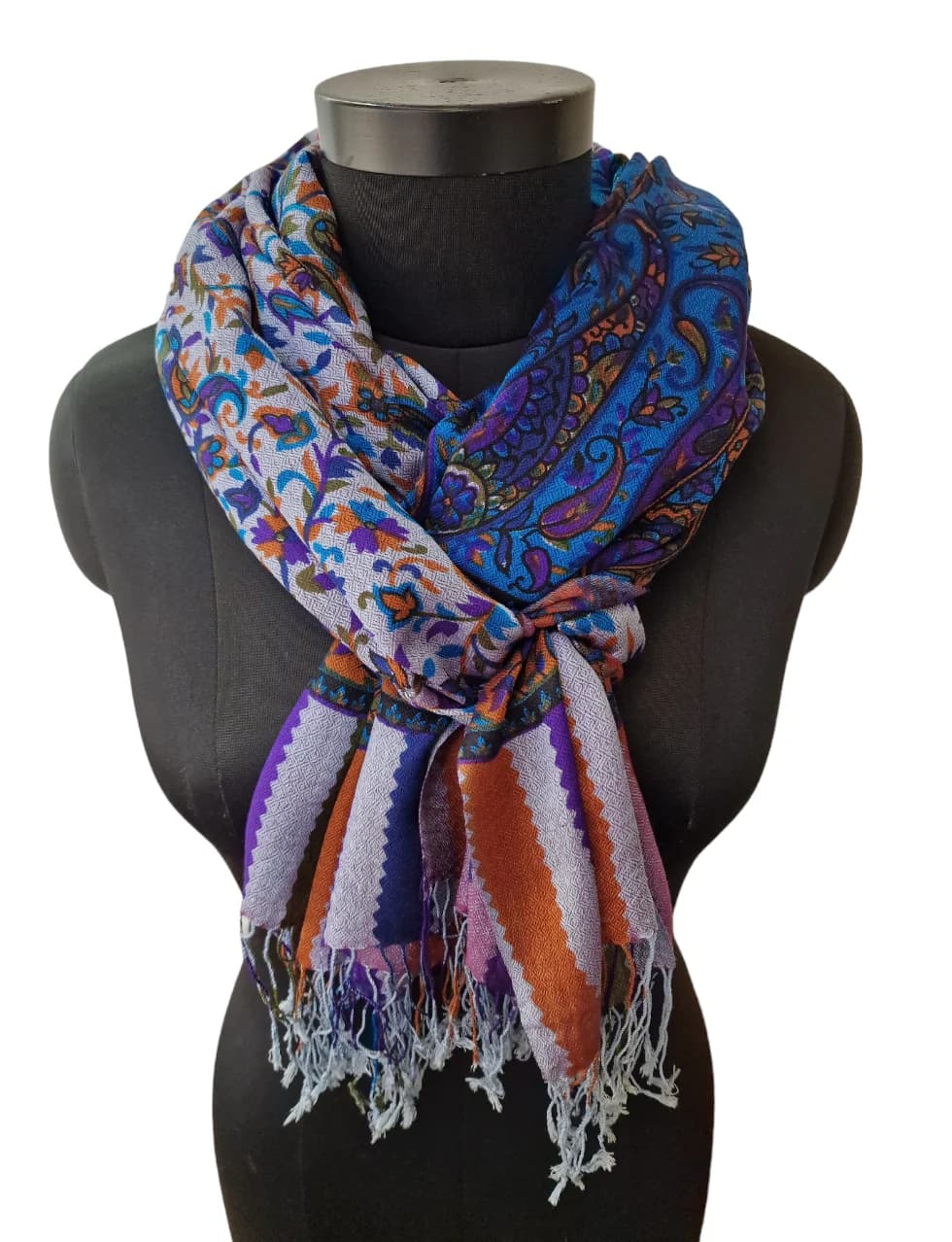 BLUE-GREY CASHMERE/SILK SCARF WITH SCREEN PRINTED PATTERN