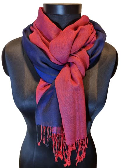 RED SCARF WITH BLACK BORDER AND BLUE INSERT IN CASHMERE AND SILK
