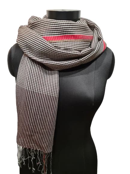 STRIPED BEIGE AND MAROON SCARF IN CASHMERE AND SILK