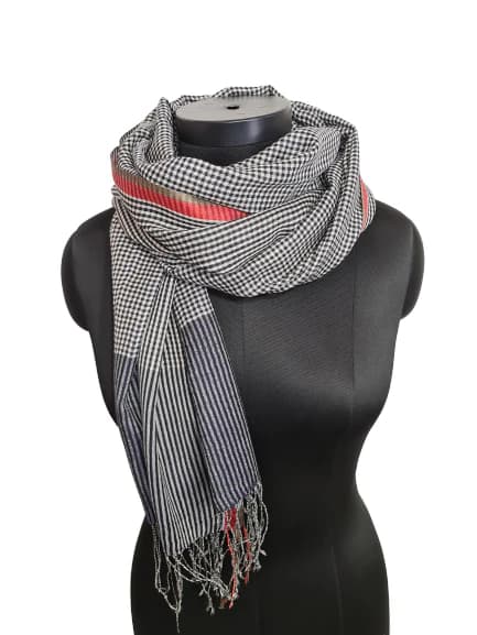 CASHMERE AND SILK SCARF WITH CHECKS AND STRIPES IN WHITE, BLUE AND BLACK