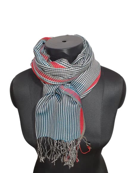 CASHMERE AND SILK SCARF WITH CHECKS AND STRIPES IN WHITE BLACK AND SEA GREEN