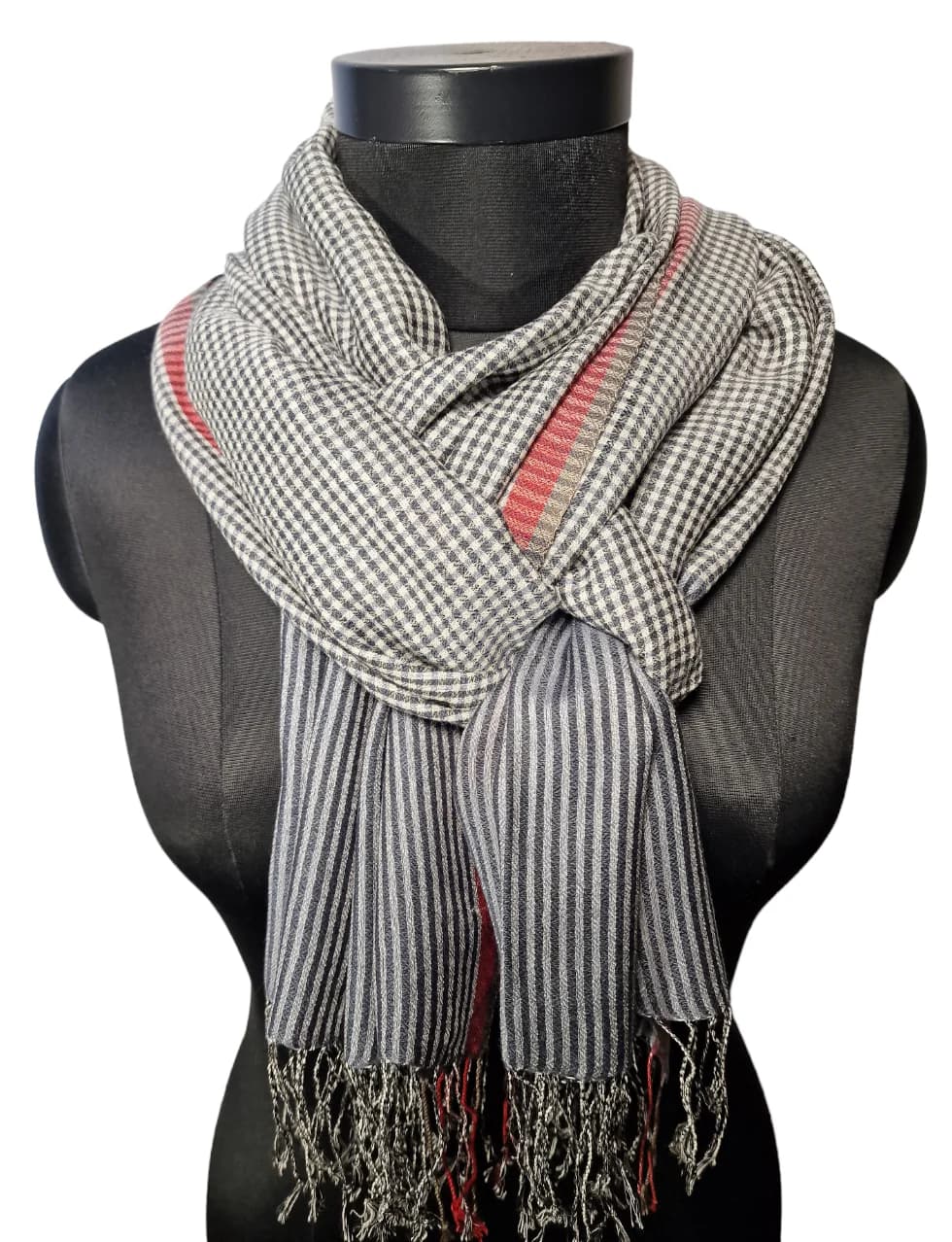 CASHMERE AND SILK SCARF WITH CHECKS AND STRIPES IN WHITE, BROWN AND GREY