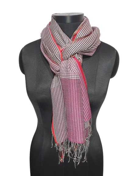 CASHMERE AND SILK SCARF WITH CHECKS AND STRIPES IN BLACK, WHITE AND PURPLE/ DARK PINK COLORS