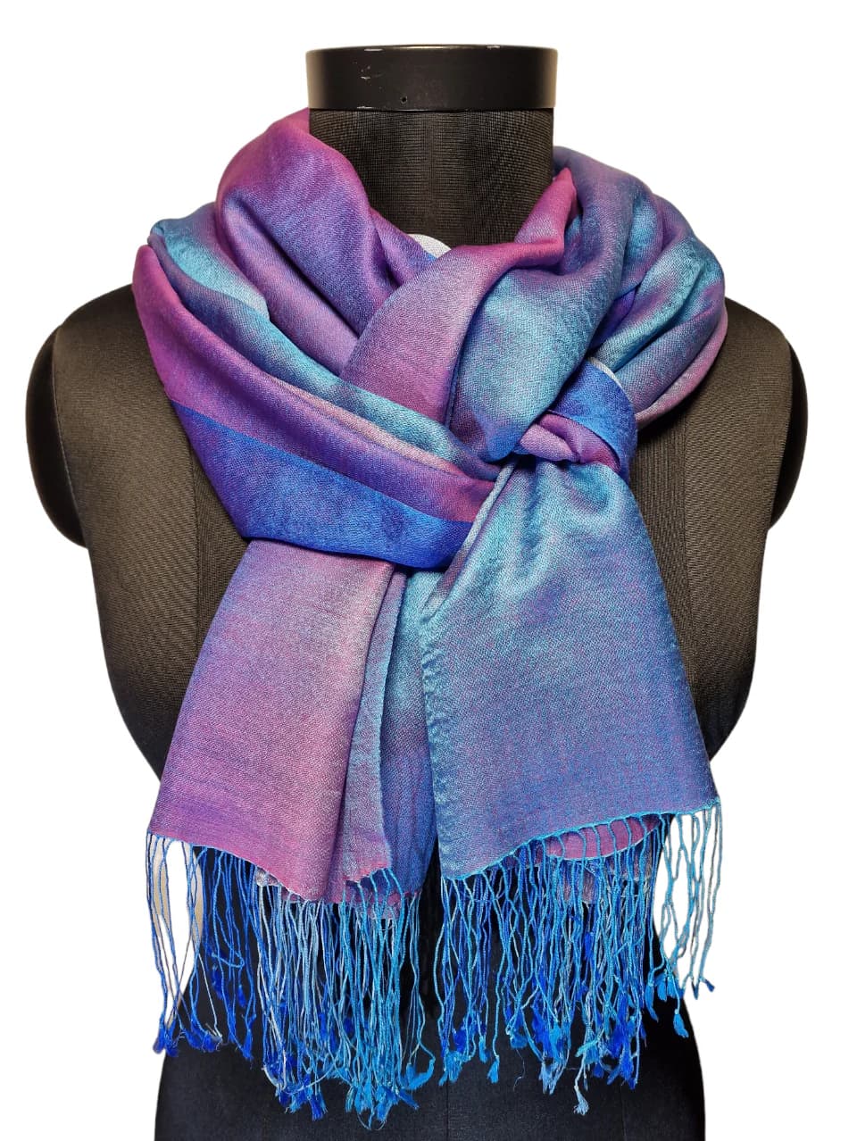 MULBERRY SILK AND CASHMERE SCARF IN RED/PINK/PURPLE AND BLUE