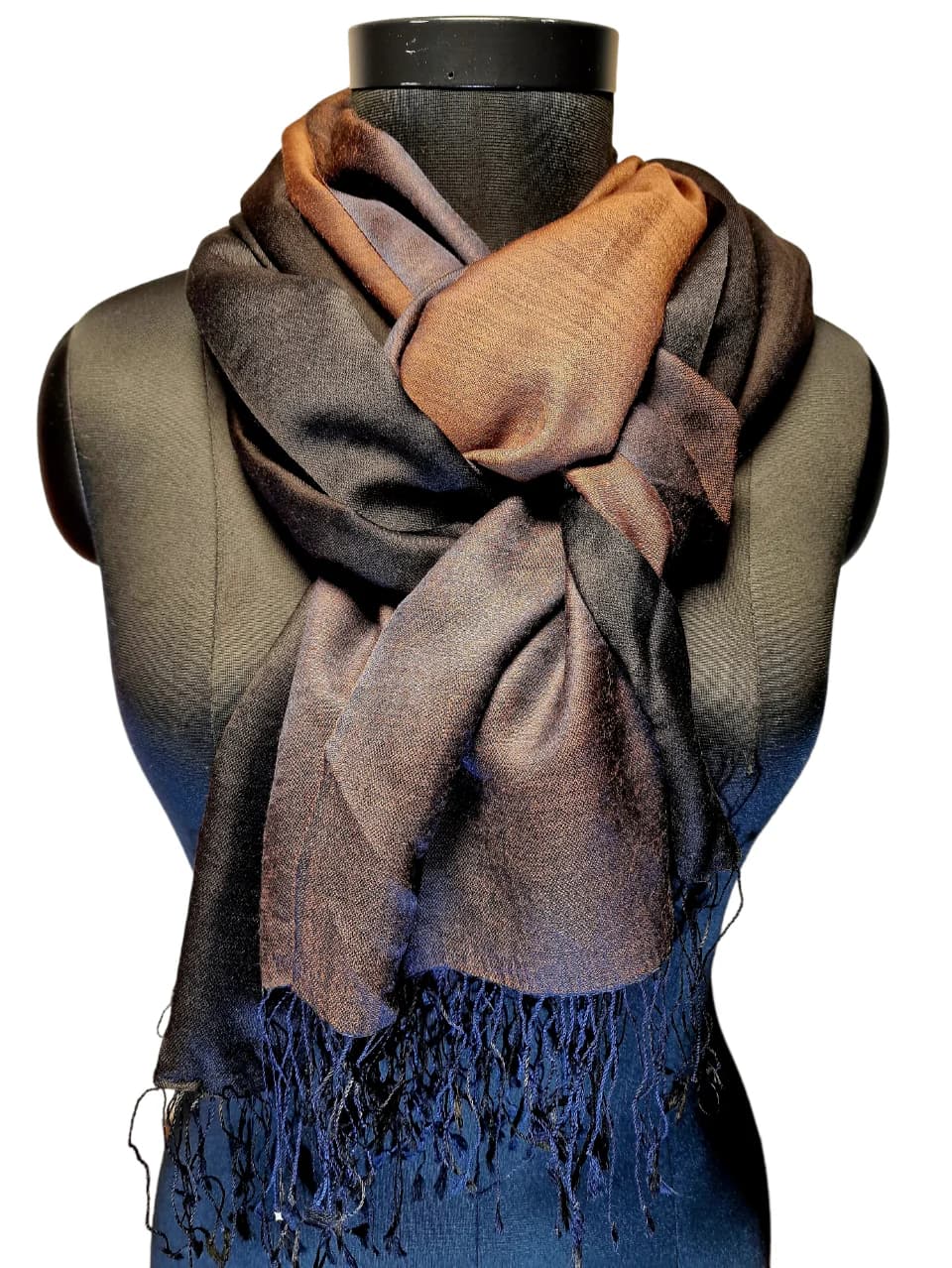 MULBERRY SILK CASHMERE SHAWL IN BLACK, BROWN AND A HINT OF BLUE