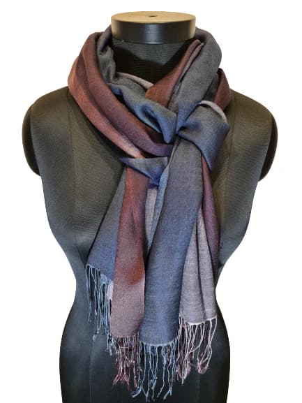 CASHMERE AND MULBERRY SILK SCARF IN BROWN, GRAY AND PETROL COLORS