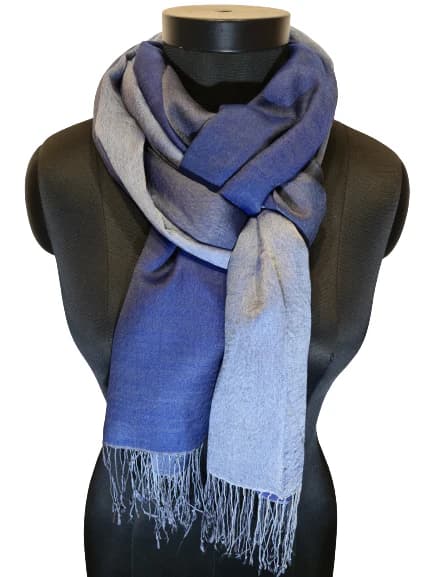 BLUE AND SILVER CASHMERE AND MULBERRY SILK SCARF