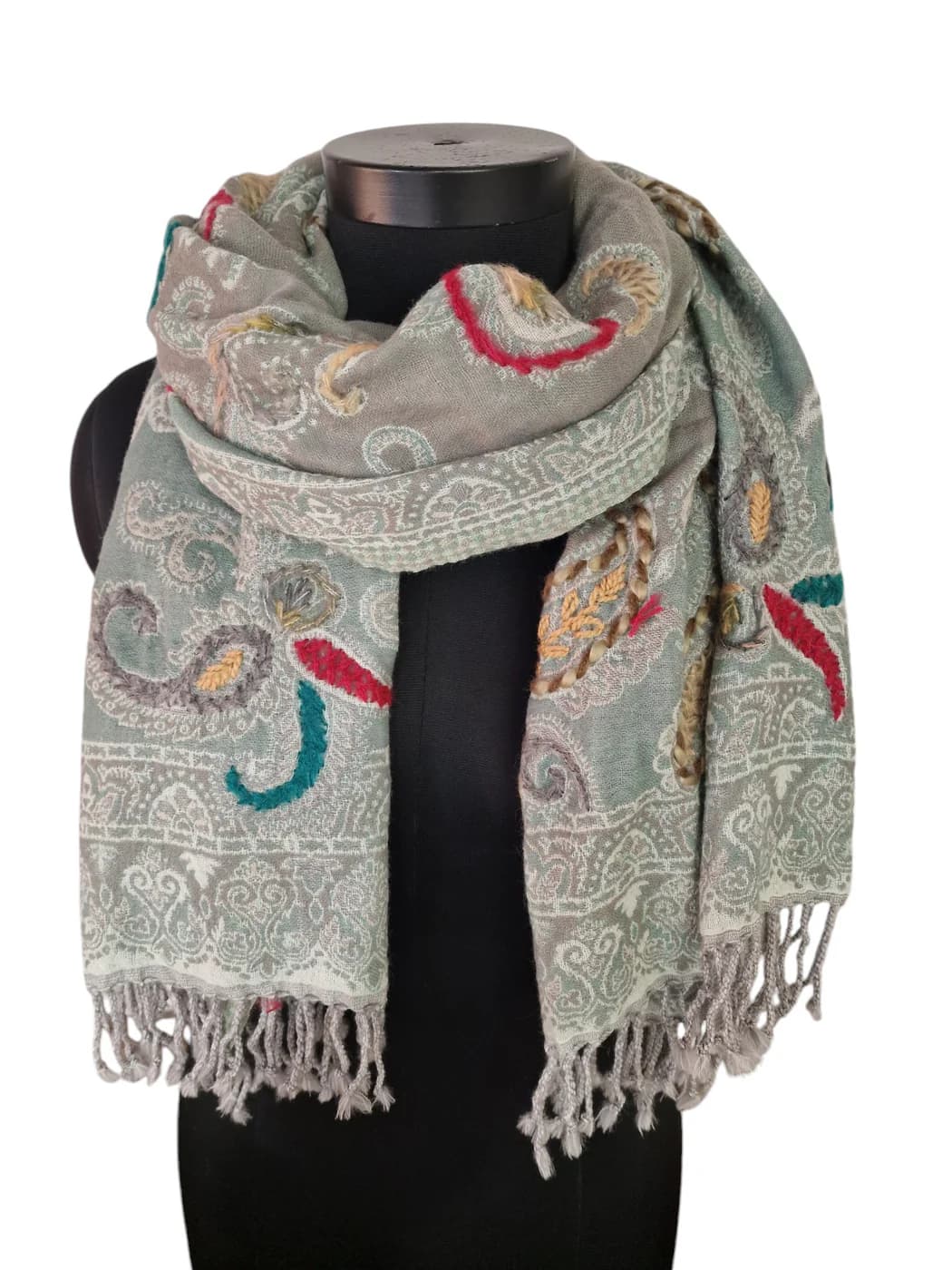 MINT GREEN WOOL SCARF WITH HAND EMBROIDERED DETAILS