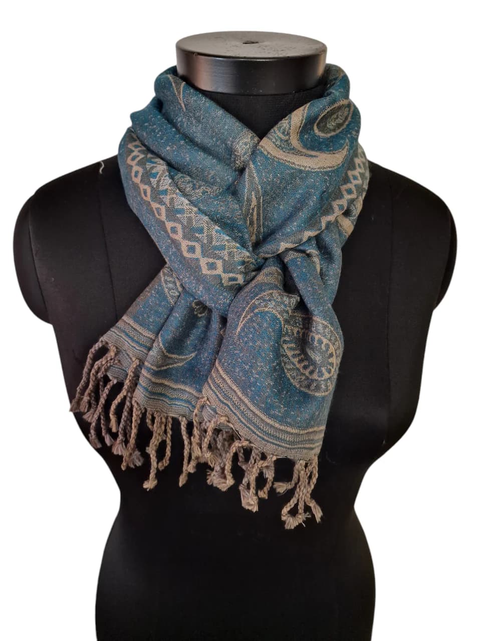 NARROW GREEN, BEIGE AND GRAY SCARF IN PURE WOOL