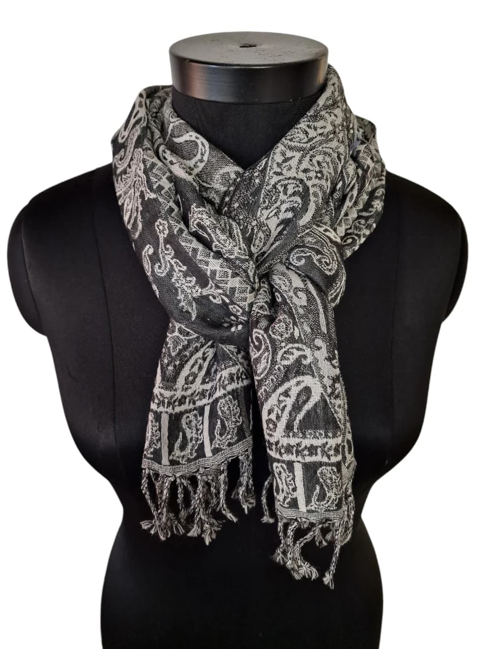 NARROW BLACK/ WHITE/ GREY JACQUARD WOVEN WOOLEN SCARF