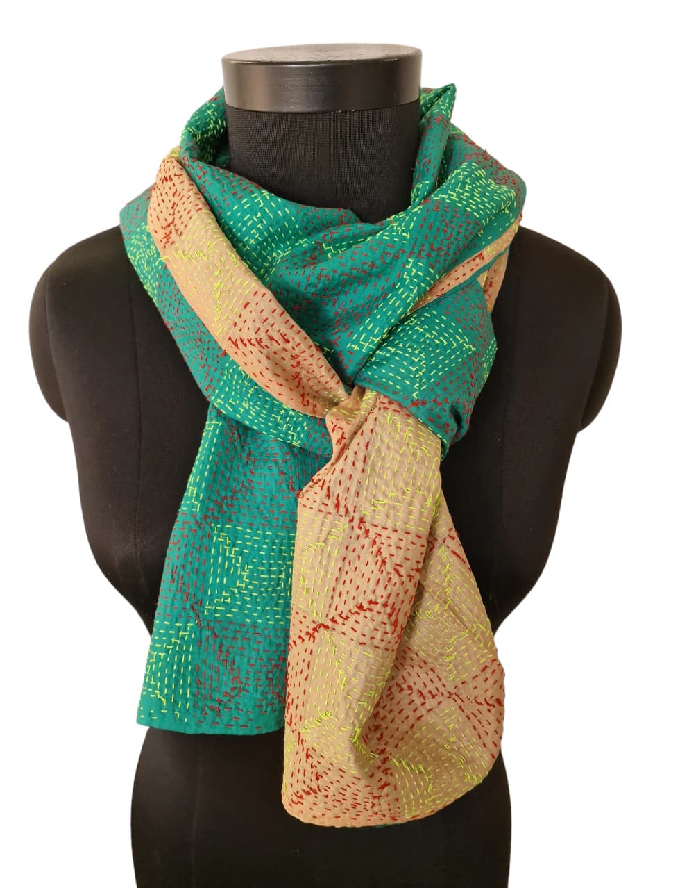 EMBROIDERED LIGHT GREEN AND BEIGE SILK SCARF
