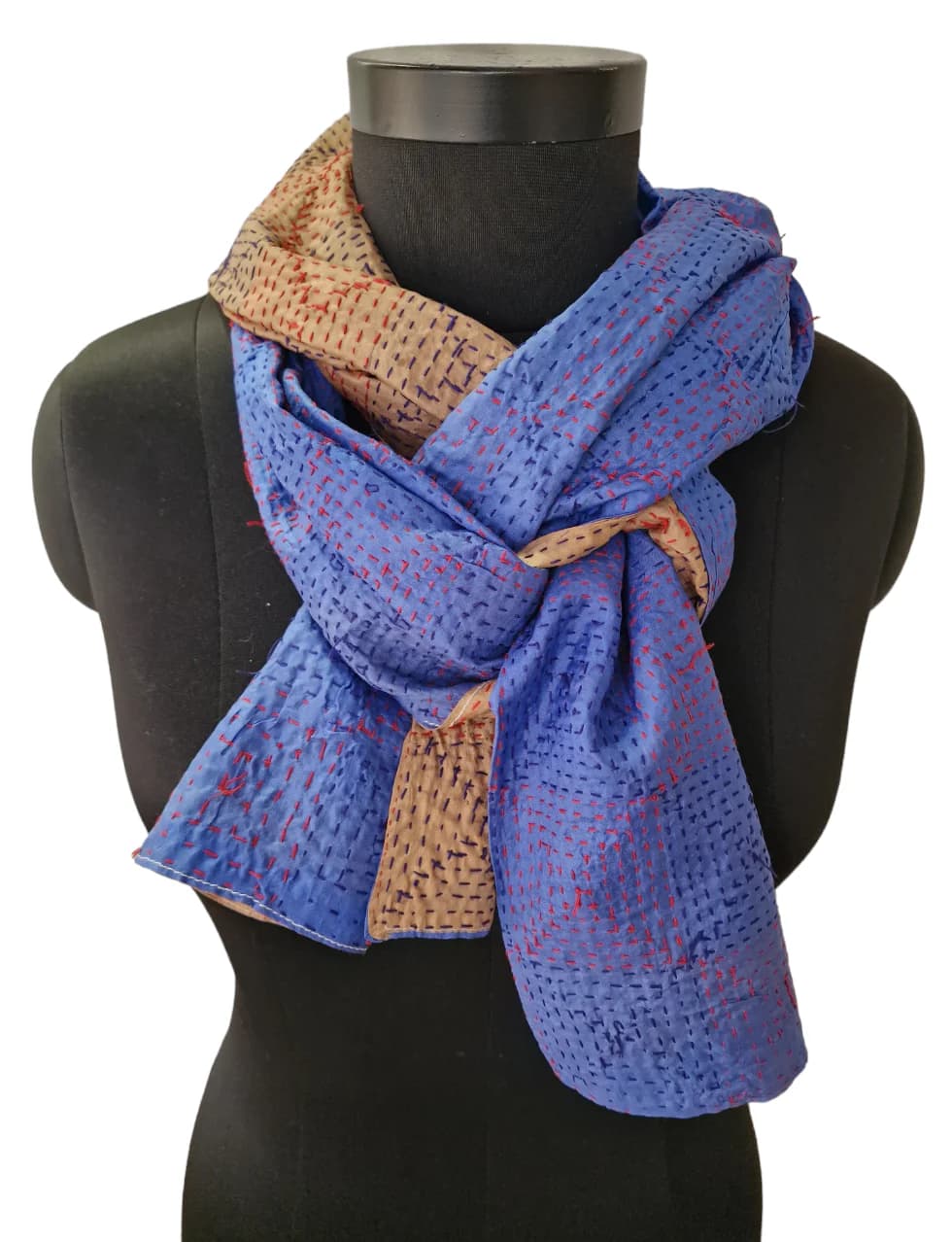 BLUE AND BEIGE SILK SCARF WITH HAND- EMBROIDERED SQUARE PATTERN