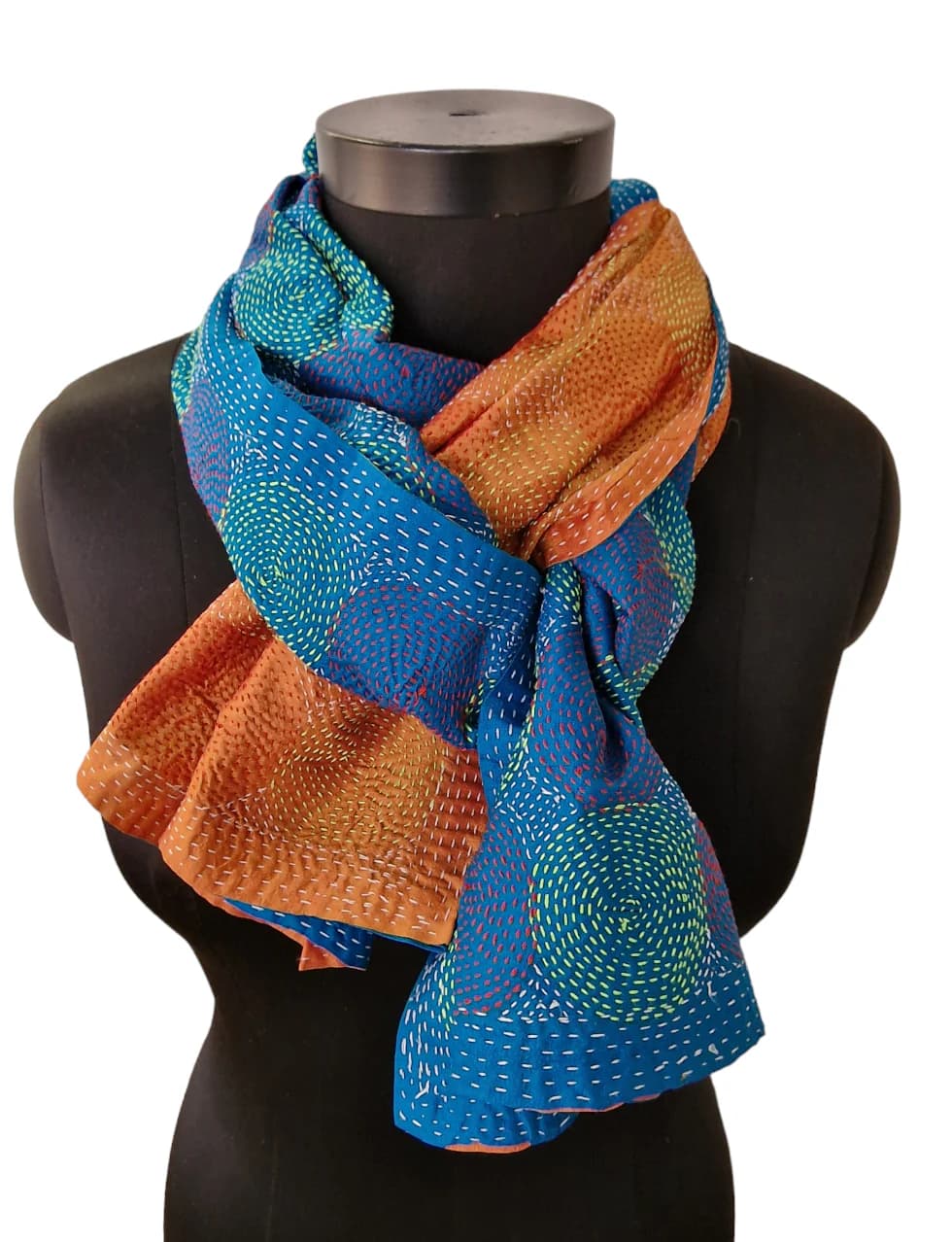 DOUBLE- SIDED HAND- EMBROIDERED BLUE AND YELLOW(ISH) SILK SCARF