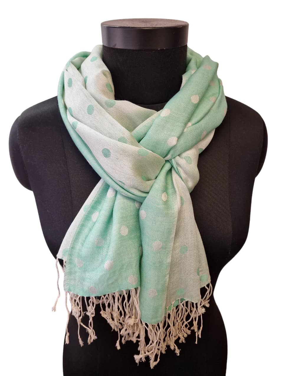 WHITE AND SPRING GREEN SILK SCARF WITH POLKA DOTS