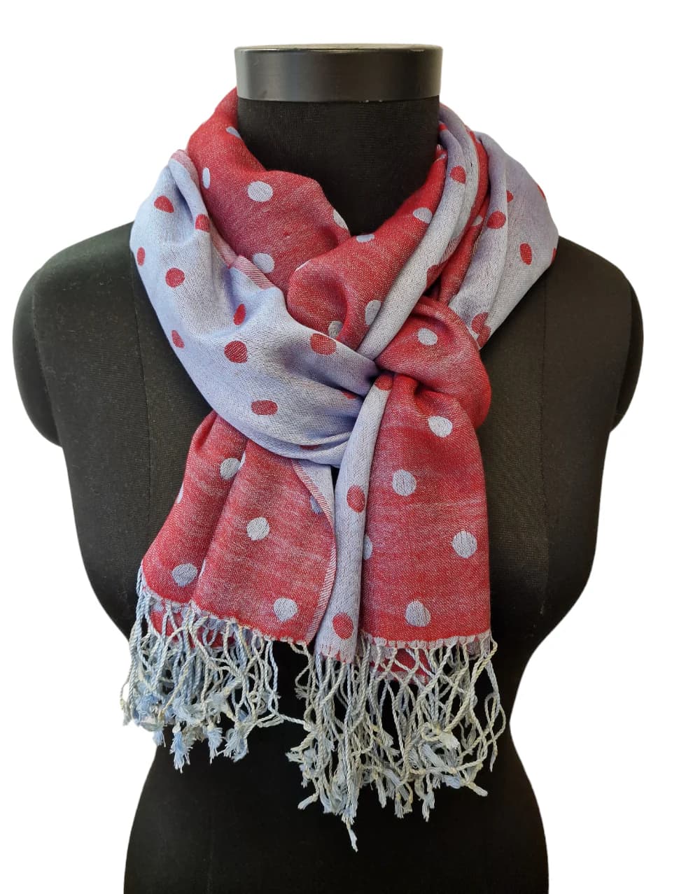 RASPBERRY AND GRAY SILK SCARF WITH POLKA DOTS