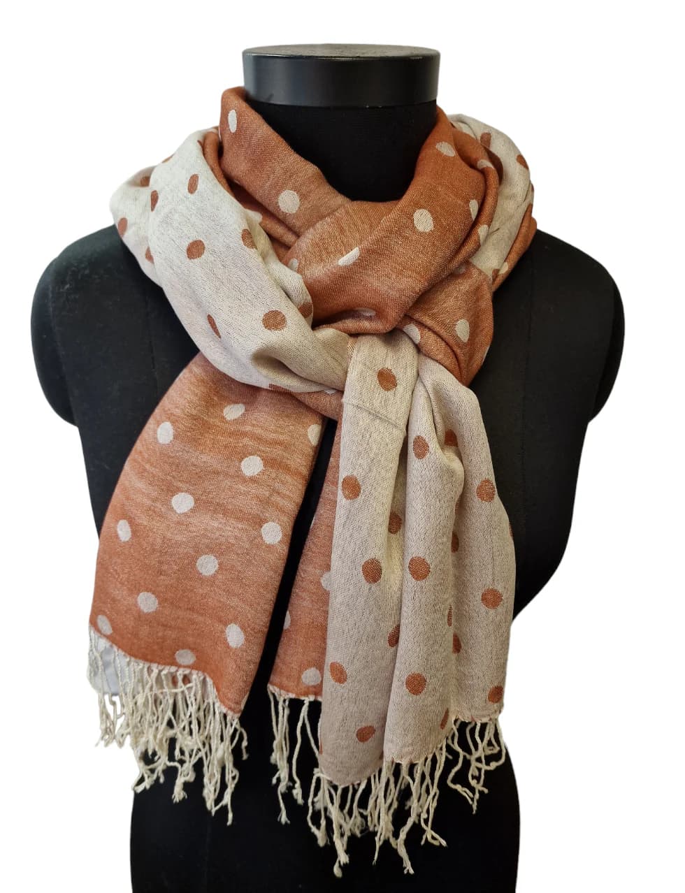 BROWN AND WHITE SILK SCARF WITH POLKA DOTS