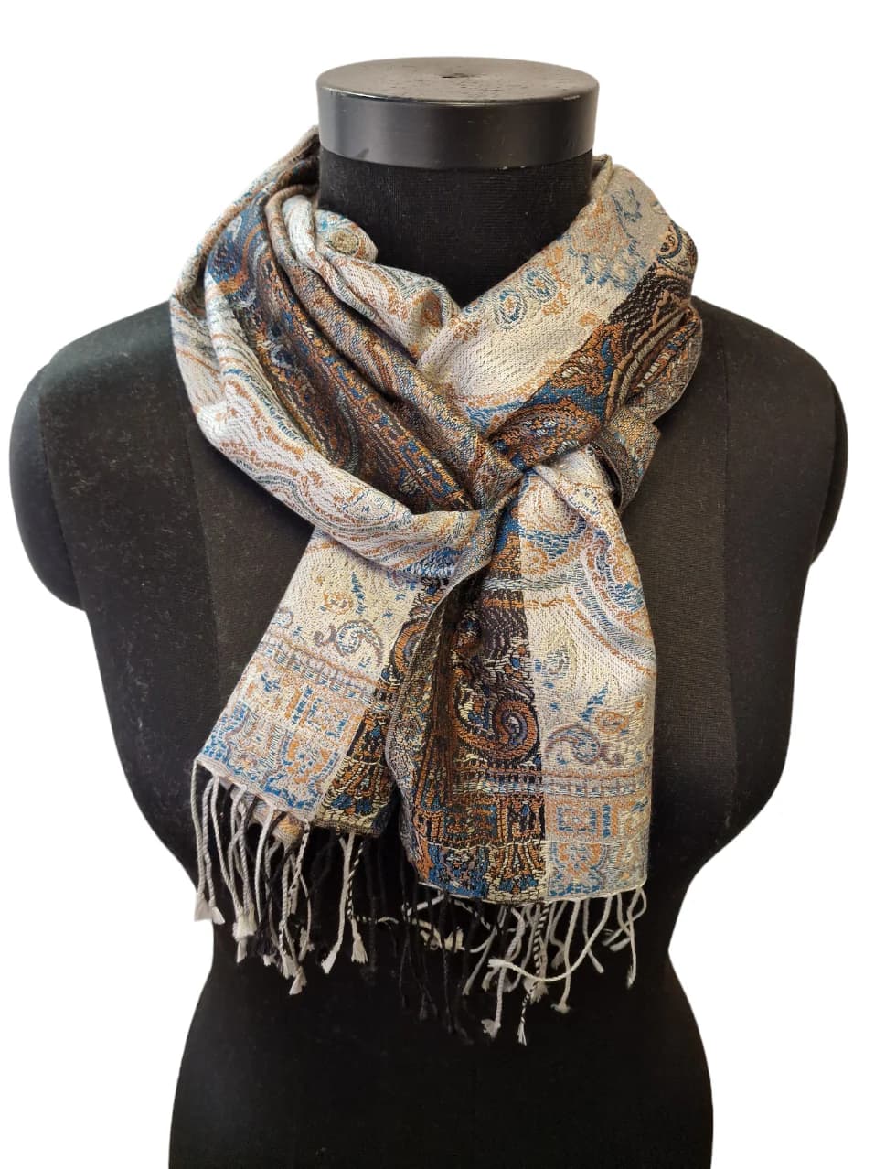 SILVER BLACK BEIGE AND BLUE JACQUARD WOVEN SILK SCARF
