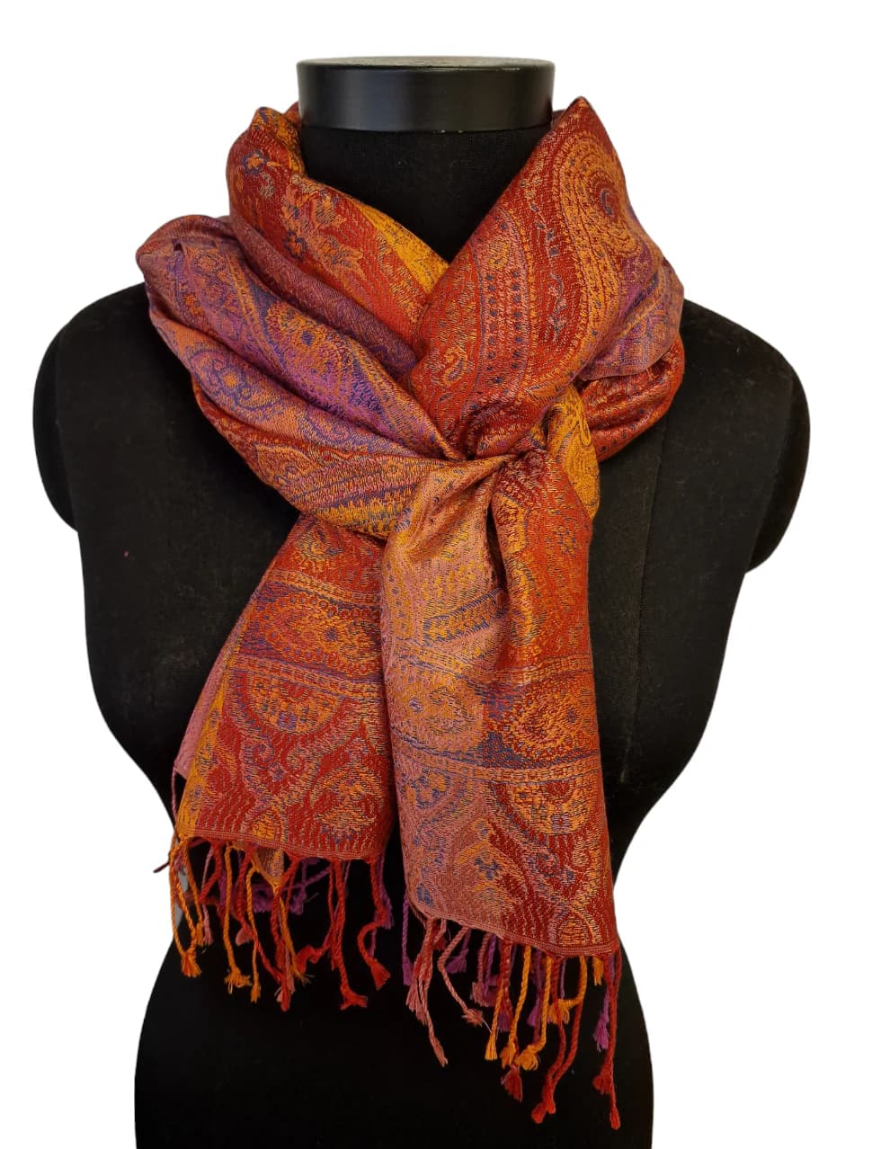 PINK, RED AND GOLDEN PAISLEY SILK SCARF